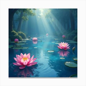 Enchanting Watercolor Lake With Glowing Lotus Blossoms 1 Canvas Print