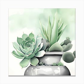 Succulents In A Vase Monochromatic Watercolor 1 Canvas Print