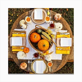 An Idyllic Rustic Autumn Setting A Basket Brimming With Fresh Harvest Of Corn And Pumpkin Wood Br Canvas Print