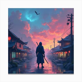 Ninja In Colorful Mystical City, Watercolor, Vibrant Skyline 1 Canvas Print