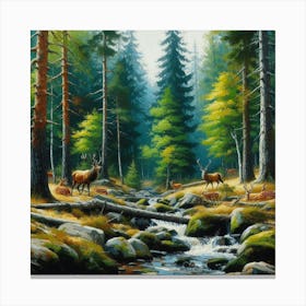 Elk In The Forest, Acrylic Painting Style Canvas Print