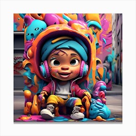 3d Cartoon Characters Exploring A Colorful Graffiti Covered Urban Landscape Canvas Print