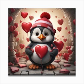 Penguin With Heart Balloons Canvas Print