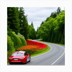 Red Sports Car Driving Down The Road Canvas Print