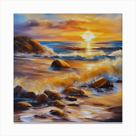 The sea. Beach waves. Beach sand and rocks. Sunset over the sea. Oil on canvas artwork.41 Canvas Print