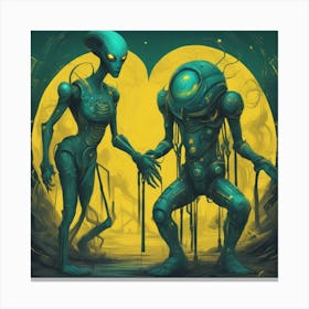 Alien Couple Painted To Mimic Humans, In The Style Of Art Elements, Folk Art Inspired Illustrations (1) Canvas Print