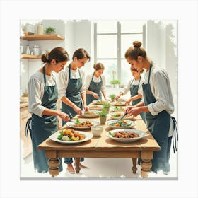 An English Cooking Class With People Preparing Traditional Dishes, Watercolor 1 Canvas Print