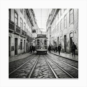 Black And White Photo Lisbons Vintage Tramway Weaving Through Narrow Historic City Streets Tram D (4) Canvas Print