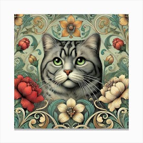 morris Cat With Flowers Canvas Print