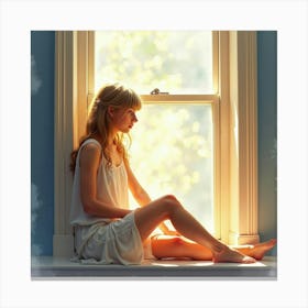 Taylor Swift Sitting By A Window, Watercolor Light Shining Through The Glass Canvas Print