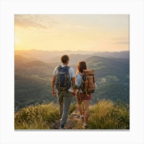 Couple Hiking Atop A Lush Hill During A Sunset Surrounded By Mountainous Landscape Embracing In A (5) Canvas Print