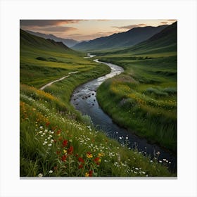 A Lush Green Valley With A Winding River And Wildflowers In Bloom2 Canvas Print