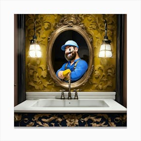 A Happy Plumber Installing Modern Faucet Painting (1) Canvas Print