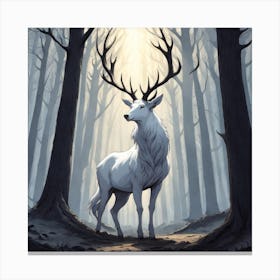 A White Stag In A Fog Forest In Minimalist Style Square Composition 33 Canvas Print