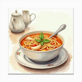 Watercolor Painting Of A Classic And Flavorful Chicken Noodle Soup On A Chic Kitchen Table Canvas Print