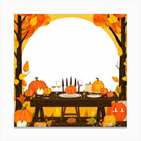 An Illustration Of A Thanksgiving Inspired Table Set Against An Autumn Nature Backdrop Showcasing A (1) Canvas Print