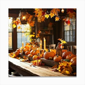 Autumn Table Decor Sprawling Across A Rustic Wooden Table Scattered Bright Orange Pumpkins Accompan (5) Canvas Print