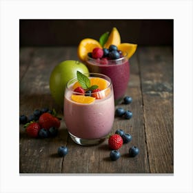 Smoothies With Fruit On Wooden Table Canvas Print