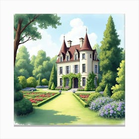 Watercolor Serene French Château Overlooking Lush, Manicured Gardens 1 Canvas Print