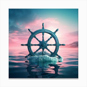 Ship Wheel In The Sea, Blue and Pink Canvas Print