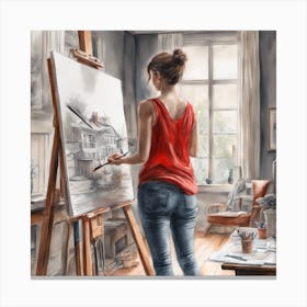 Woman Paints In Her Studio Canvas Print