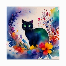 Black Cat With Flowers 4 Canvas Print