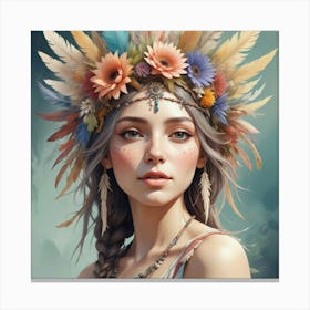 Native American Girl With Feathers Canvas Print