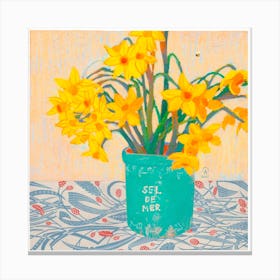 Yellow Daffodils In A Teal Salt Jar Square Canvas Print