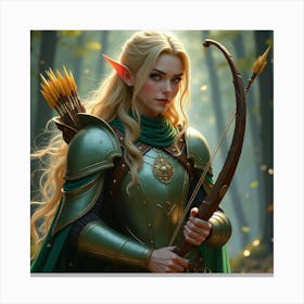 Elven Warrior In Shimmering Armor Holding A Magical Bow And Arrow 1 Canvas Print