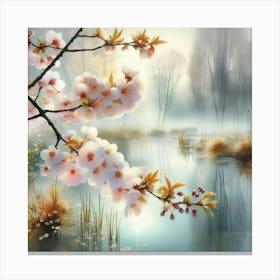 Cherry Blossom Watercolor: Misty Morning Over Fall Pond - Alison Brady's Pastel Masterpiece. Canvas Print