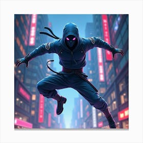 Cyber Ninja Leaping Through A Futuristic City Under Neon Lights, Watercolor 1 Canvas Print