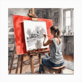 Woman Paints On An Easel Canvas Print