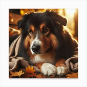 Dog Laying In Autumn Leaves Canvas Print