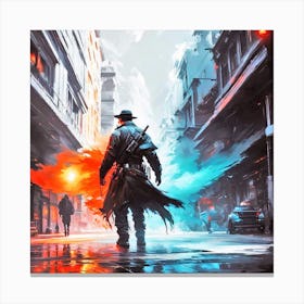 Man Walking Through A City Canvas Print