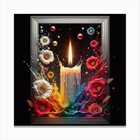 A lit candle inside a picture frame surrounded by flowers Canvas Print