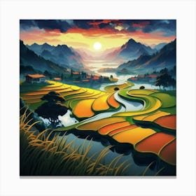 Beautiful views of rice fields, close to the river and surrounded by mountains, 16 Canvas Print