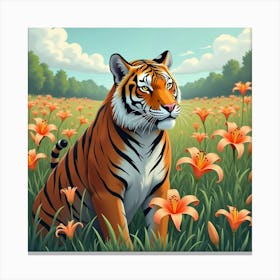 Tiger In A Field Of Lilies 1 Canvas Print