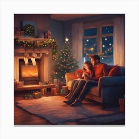 Christmas Family Sitting In Front Of Fireplace Canvas Print