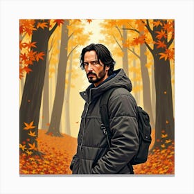 Keanu Reeves In A Watercolor Woodland Scene With Autumn Leaves In Warm Tones 1 Canvas Print