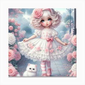 Little Girl With Pink Roses 2 Canvas Print