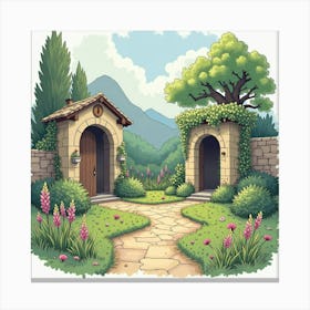 Mythical Watercolor Garden With Secret Entrances 1 Canvas Print