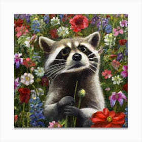 Raccoon in flower field 2 Canvas Print