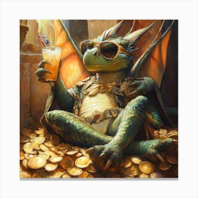 Cool Dragon Lounging on Gold Background Canvas Print