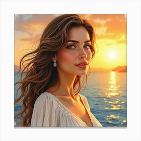 A Watercolor Depiction Of A Charming Greek Woman With A Golden Sunset In The Background 1 Canvas Print