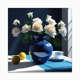 Blue Vase on Stripe Tablecloth with Spray of Roses, Lemons, Cup and Saucer Toile