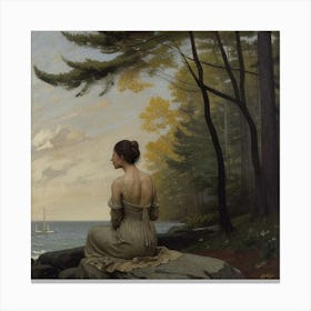 Woman Sitting By The Water Canvas Print