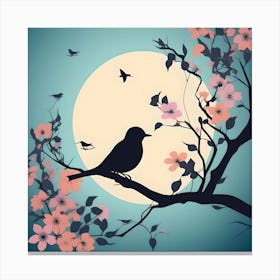 Bird In The Tree At Night, Tuquesa and Rose Canvas Print