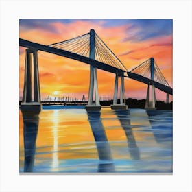Sunset over the Arthur Ravenel Jr. Bridge in Charleston. Blue water and sunset reflections on the water. Oil colors.7 Canvas Print
