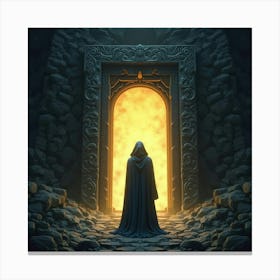 A Cloaked Figure Standing Before A Glowing, Ancient Gate 1 Canvas Print