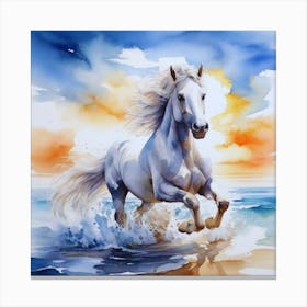 White Horse Running On The Beach Painting Canvas Print